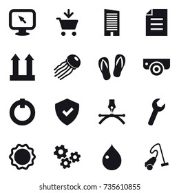 16 vector icon set : monitor arrow, add to cart, skyscraper, jellyfish, flip-flops, surveillance camera, gears, drop, vacuum cleaner