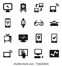 16 vector icon set : monitor arrow, presentation, notebook connect, notebook wireless, phone wireless, smartwatch, smart glasses, scales, tv, mobile checking