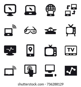 16 vector icon set : monitor arrow, notebook, notebook globe, notebook connect, notebook wireless, smart glasses, scales, tv