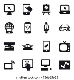 16 vector icon set : monitor arrow, touch, presentation, notebook, notebook globe, phone wireless, smartwatch, smart glasses, market scales, scales, mobile checking, tv