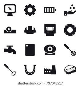 16 vector icon set : monitor arrow, gear, battery, chamical industry, building helmet, atm, lifebuoy, water tap, cutting board, whisk, horseshoe, factory, sponge with foam