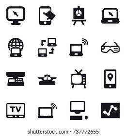 16 vector icon set : monitor arrow, touch, presentation, notebook, notebook globe, notebook connect, notebook wireless, smart glasses, market scales, scales, tv