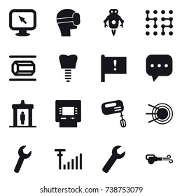 16 vector icon set : monitor arrow, virtual mask, jet robot, chip, nanotube, detector, atm, mixer, wrench, blower