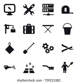 16 vector icon set : monitor arrow, pencil wrench, server, measuring tape, suitcase, iron board, bucket, rag, shovel, gears, pruner, blower, clean floor, brush, woman with pipidaster
