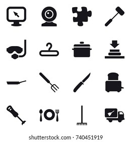 16 vector icon set : monitor arrow, web cam, puzzle, diving mask, hanger, pan, big fork, knife, rake, home call cleaning
