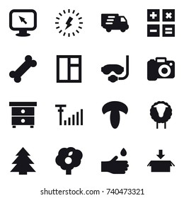 16 vector icon set : monitor arrow, lightning, delivery, calculator, window, diving mask, camera, nightstand, sheep, spruce, garden, hand drop, package
