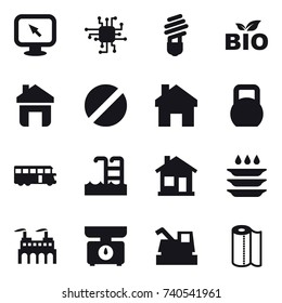 16 vector icon set : monitor arrow, chip, bulb, bio, home, bus, pool, plate washing, kitchen scales, harvester, paper towel