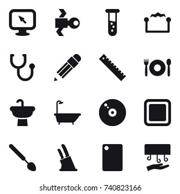 16 vector icon set : monitor arrow, satellite, vial, electrostatic, pencil, ruler, cafe, bath, cutting board, big spoon, knife holder, hand dryer