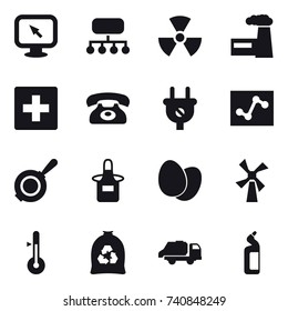 16 vector icon set : monitor arrow, structure, nuclear, factory, first aid, phone, pan, apron, windmill, thermometer, garbage bag, trash truck, toilet cleanser