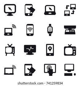 16 vector icon set : monitor arrow, touch, notebook, notebook connect, notebook wireless, phone wireless, smartwatch, market scales, tv