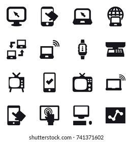 16 vector icon set : monitor arrow, touch, notebook, notebook globe, notebook connect, notebook wireless, smartwatch, market scales, tv, mobile checking