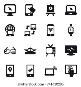 16 vector icon set : monitor arrow, touch, presentation, notebook, notebook globe, notebook connect, phone wireless, smartwatch, smart glasses, scales, tv, mobile checking