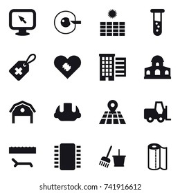 16 vector icon set : monitor arrow, cell corection, sun power, vial, houses, mansion, barn, building helmet, lounger, bucket and broom, paper towel