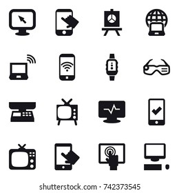 16 vector icon set : monitor arrow, touch, presentation, notebook globe, notebook wireless, phone wireless, smartwatch, smart glasses, market scales, tv, mobile checking