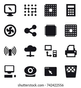 16 vector icon set : monitor arrow, chip, cpu, calculator, cooler fan, trash bin