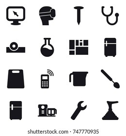 16 vector icon set : monitor arrow, virtual mask, nail, fridge, cutting board, measuring cup, big spoon, wrench, plunger
