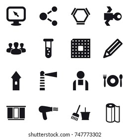 16 vector icon set : monitor arrow, molecule, hex molecule, satellite, group, vial, cpu, pencil, tower, lighthouse, cafe, wardrobe, hair dryer, bucket and broom, paper towel