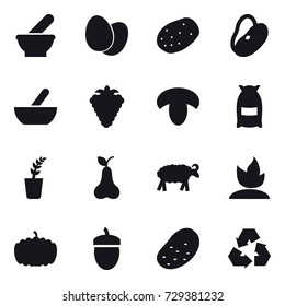 16 vector icon set : mortar, berry, mushroom, flour, seedling, pear, sheep, sprouting, pumpkin, acorn, potato, recycling