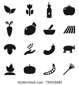 16 vector icon set : mortar, field, mushroom, harvest, eggplant, sheep, sprouting, pumpkin, peas, rake
