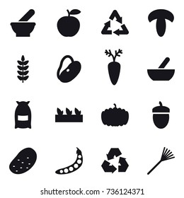 16 vector icon set : mortar, flour, seedling, pumpkin, acorn, potato, peas, recycling, rake