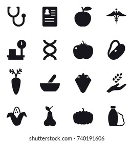 16 vector icon set : mortar, berry, harvest, corn, pear, pumpkin, shampoo