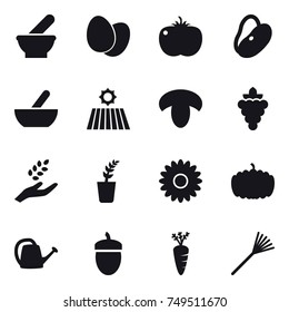 16 vector icon set : mortar, field, mushroom, grape, harvest, seedling, flower, pumpkin, watering can, acorn, carrot, rake