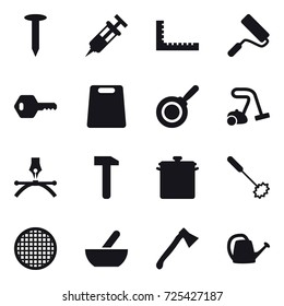 16 vector icon set : nail, ruler, repair, key, cutting board, pan, vacuum cleaner, whisk, mortar, axe, watering can