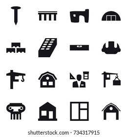 16 vector icon set : nail, bridge, slum, hangare, block wall, brick, level, building helmet, tower crane, house, architector, antique column, home, window, barn