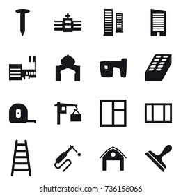 16 vector icon set : nail, skyscrapers, skyscraper, mall, minaret, slum, brick, measuring tape, window, stairs, barn, scraper