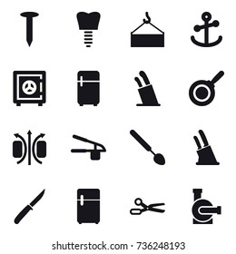 16 vector icon set : nail, safe, fridge, stands for knives, pan, garlic clasp, big spoon, knife holder, knife, scissors, water pump