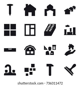 16 vector icon set : nail, home, minaret, houses, window, brick, city, level, house, architector, real estate, water tap, scraper