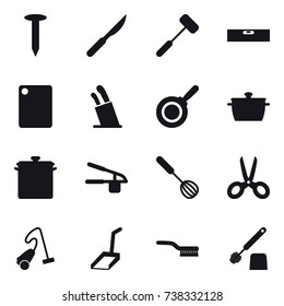 16 vector icon set : nail, level, cutting board, stands for knives, pan, garlic clasp, whisk, scissors, vacuum cleaner, scoop, brush, toilet brush
