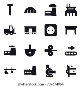 16 vector icon set : nail, hangare, factory, power socket, table, plow, water pump, skyscrapers cleaning