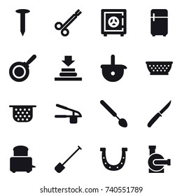 16 vector icon set : nail, safe, fridge, pan, kolander, colander, garlic clasp, big spoon, knife, shovel, horseshoe, water pump