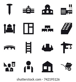 16 vector icon set : nail, mansion, mall, minaret, window, block wall, brick, bridge, stairs, building helmet, tower crane, architector, home, wheelbarrow