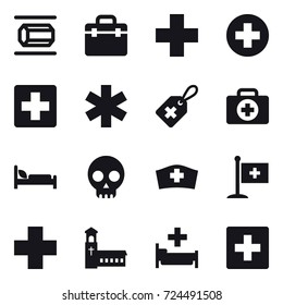 16 vector icon set : nanotube, church, hospital, first aid