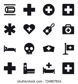 16 vector icon set : nanotube, church, hospital, first aid
