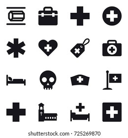 16 vector icon set : nanotube, church, hospital, first aid
