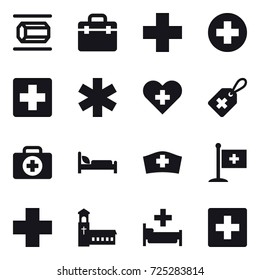 16 vector icon set : nanotube, church, hospital, first aid
