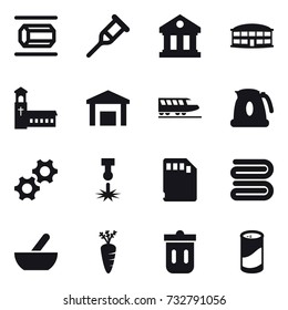 16 vector icon set : nanotube, library, airport building, church, train, kettle, towel, mortar, carrot, trash bin, cleanser powder