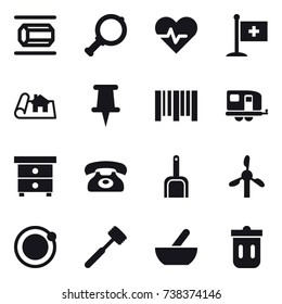 16 vector icon set : nanotube, magnifier, project, trailer, nightstand, phone, scoop, meat hammer, mortar, trash bin