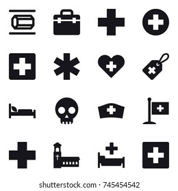 16 vector icon set : nanotube, church, hospital, first aid