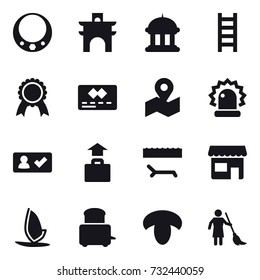 16 vector icon set : necklace, arch, goverment house, stairs, medal, check in, baggage, lounger, shop, windsurfing, mushroom, sweeping