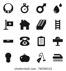 16 vector icon set : necklace, stopwatch, home, brick, stairs, level, restaurant, bulb, tomato, vacuum cleaner, brush