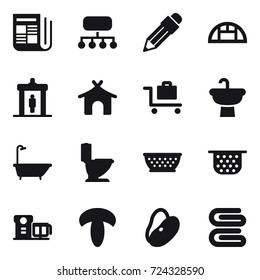 16 vector icon set : newspaper, structure, pencil, greenhouse, detector, bungalow, baggage trolley, bath, toilet, kolander, colander, stack of towels