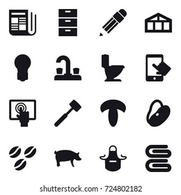 16 vector icon set : newspaper, pencil, greenhouse, bulb, water tap, toilet, meat hammer, coffee seeds, pig, apron, stack of towels
