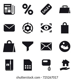 16 vector icon set : newspaper, percent, sale, shopping bag, mail, around gear, eye identity, funnel, fridge, housing