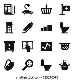 16 vector icon set : newspaper, electric car, basket, building, pencil, toilet, nightstand, colander, viruses, apron