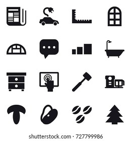 16 vector icon set : newspaper, electric car, ruler, arch window, greenhouse, bath, nightstand, meat hammer, coffee seeds, spruce