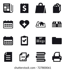 16 vector icon set : newspaper, receipt, shopping bag, calendar, project, towels